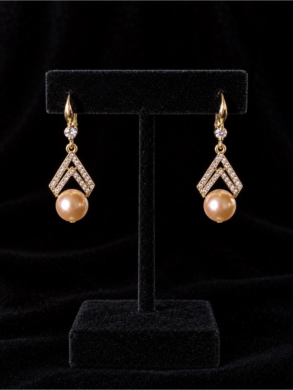 Champagne Pearl Drop Earrings with Crystal Accents Faux Pearls